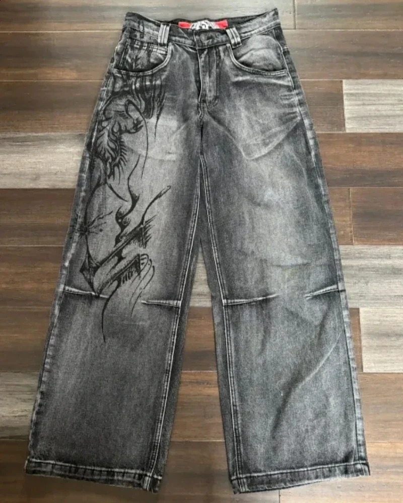 90s American Trend Harajuku Retro Oversized Printed Ladies Jeans Washed Hip Hop Gothic High Waist Couple Wide Leg Pants 250122