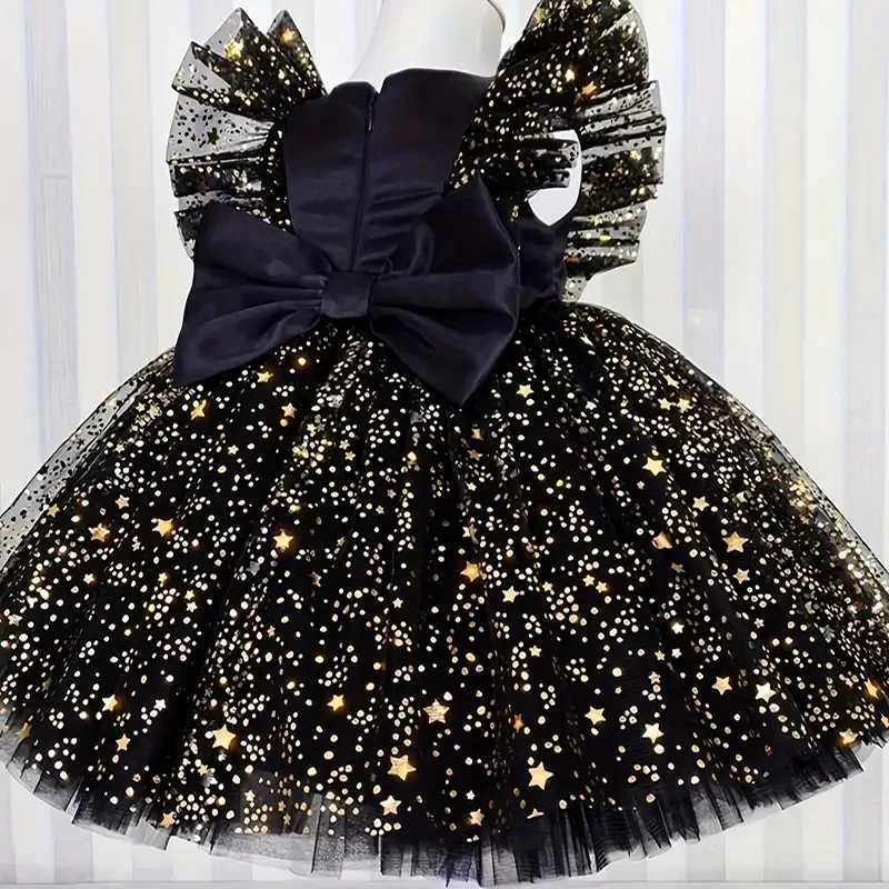 Baby Girls Flying Sleeves Bow Star Sequins Princess Dress For Toddler Formal Banquet Baptism Birthday Party Puffy Ball Gown 0-5Y X250203