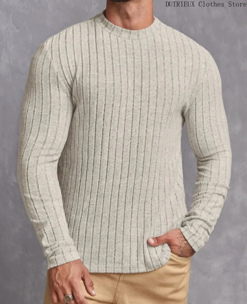 Soft Elastic Fitness Sports Long Sleeve T-shirt Simple Fashion Slim-fit Knitwear Mens Casual Solid Color Striped T-shirt 250117