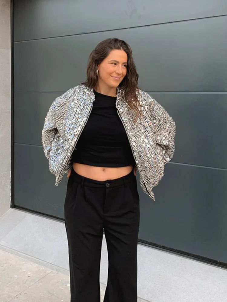 Casual Womens Silver Sequin Stand Collar Coats Elegant Zipper Loose Full Sleeved Short Jackets Female Chic Commute Overcoat 250122