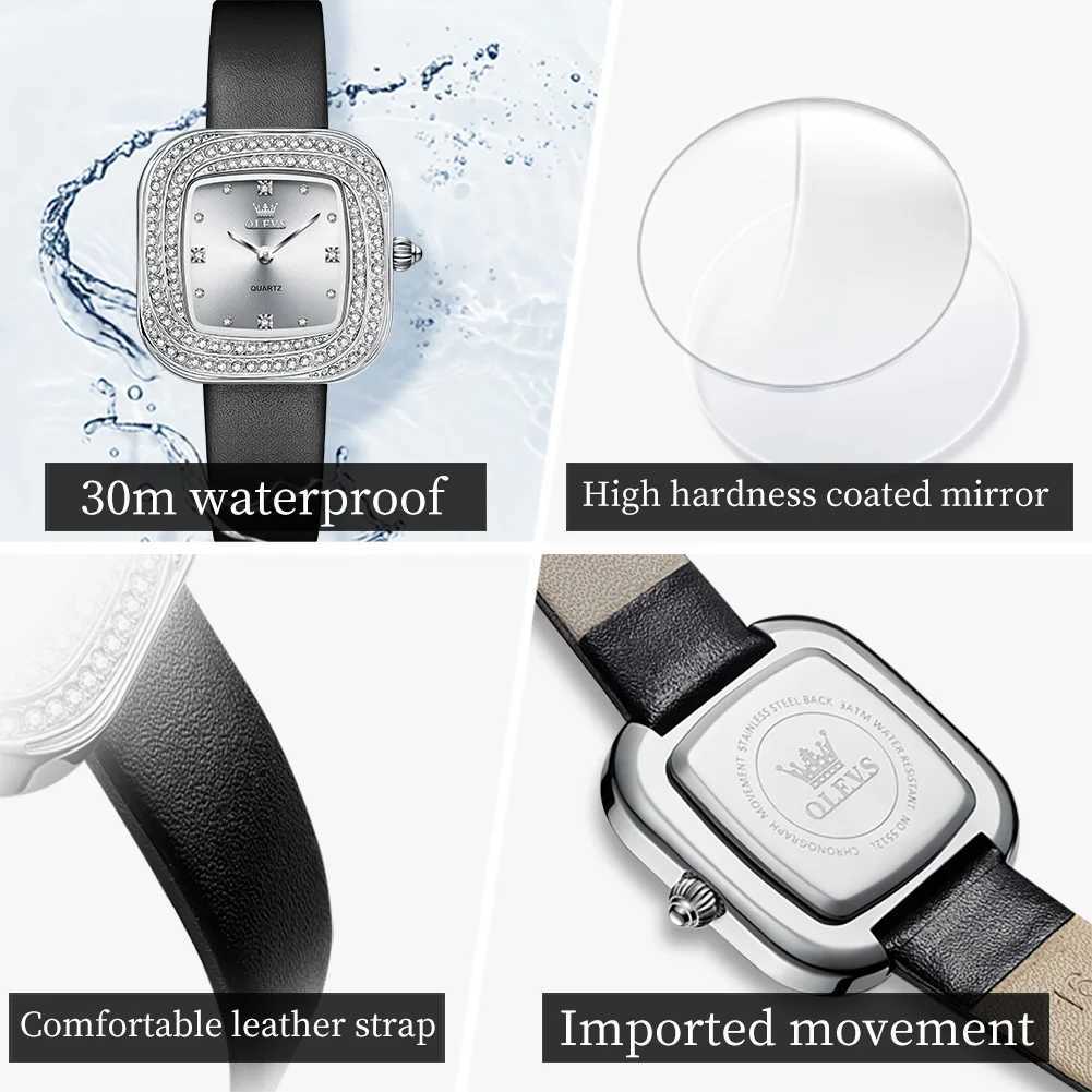 OLEVS Top Brand Fashion Wens Watches Waterproof Leather Strap Quartz Wristwatch Diamond Square Dial Ladies Watch X250203