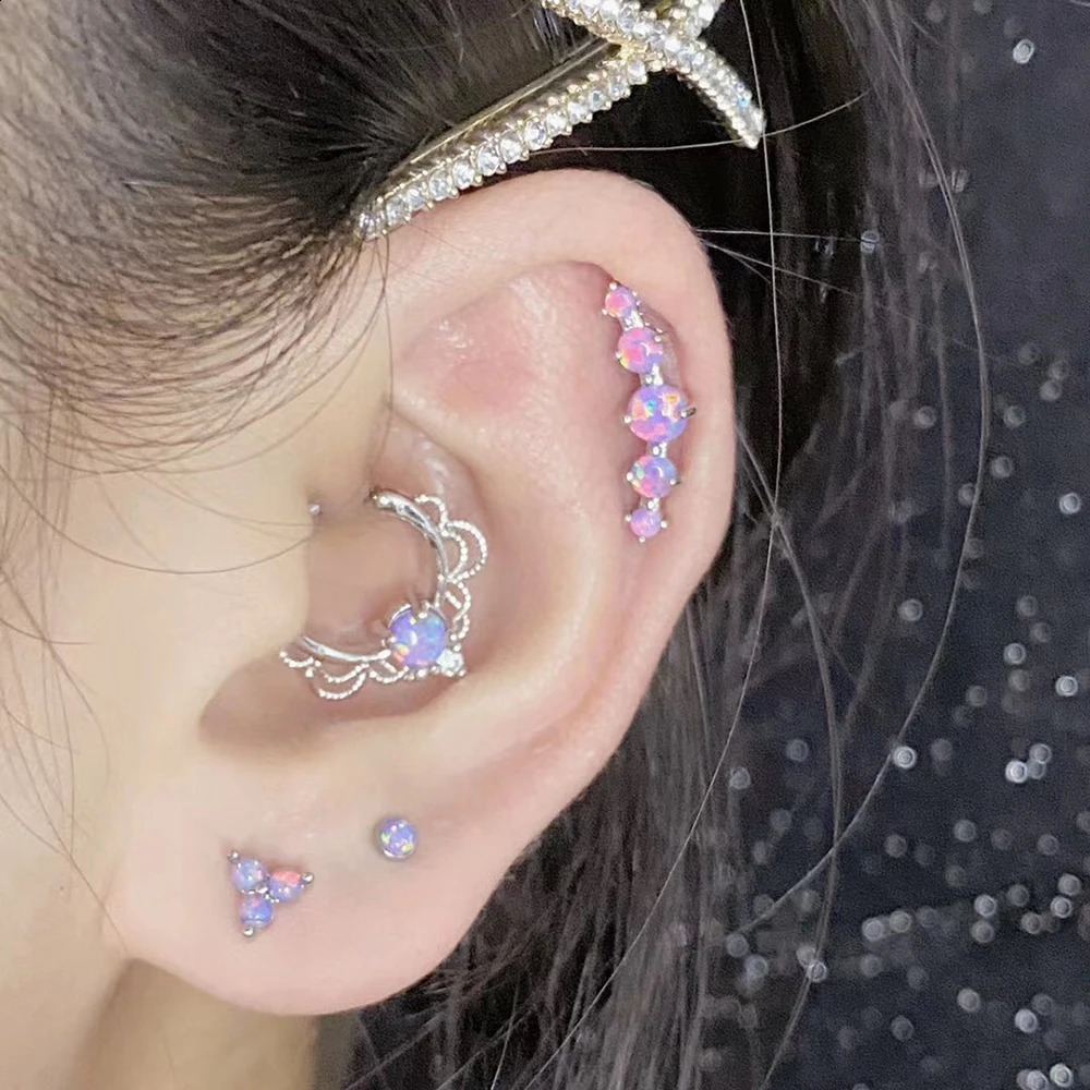 1PC Opal38 Cluster Ear Tragus Helix Cartilage Piercing Steel Opal Nose Ring Septum Clicker Daith Earring Labret Jewelry 250110