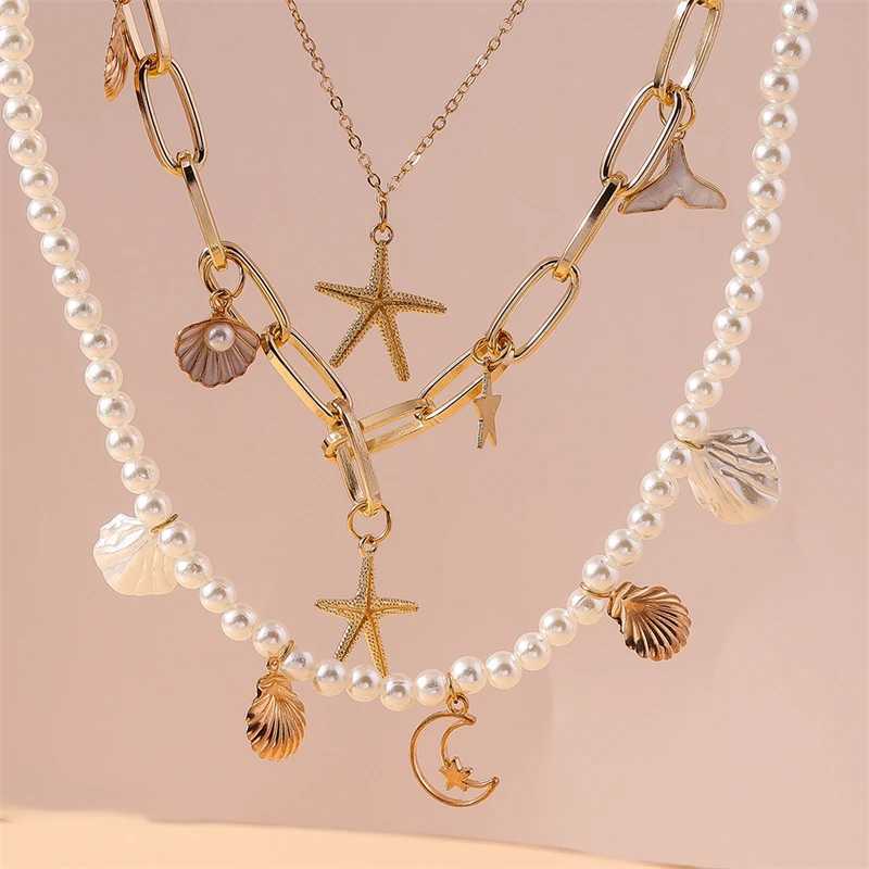 Fashion Muti-layers Imitation Pearl Necklaces for Women Summer Beach Starfish Shell Pendant Necklace Girls Vacation Jewelry GiftXJ250114