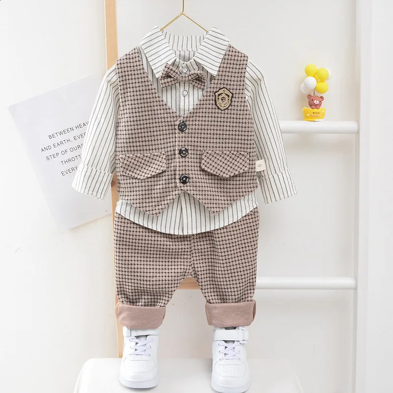Children Kids Gentleman Clothing Suit Birthday Wedding Party Elegant Set Baby Boy Casual Wear Striped Shirt Vest Pants Costume 250113