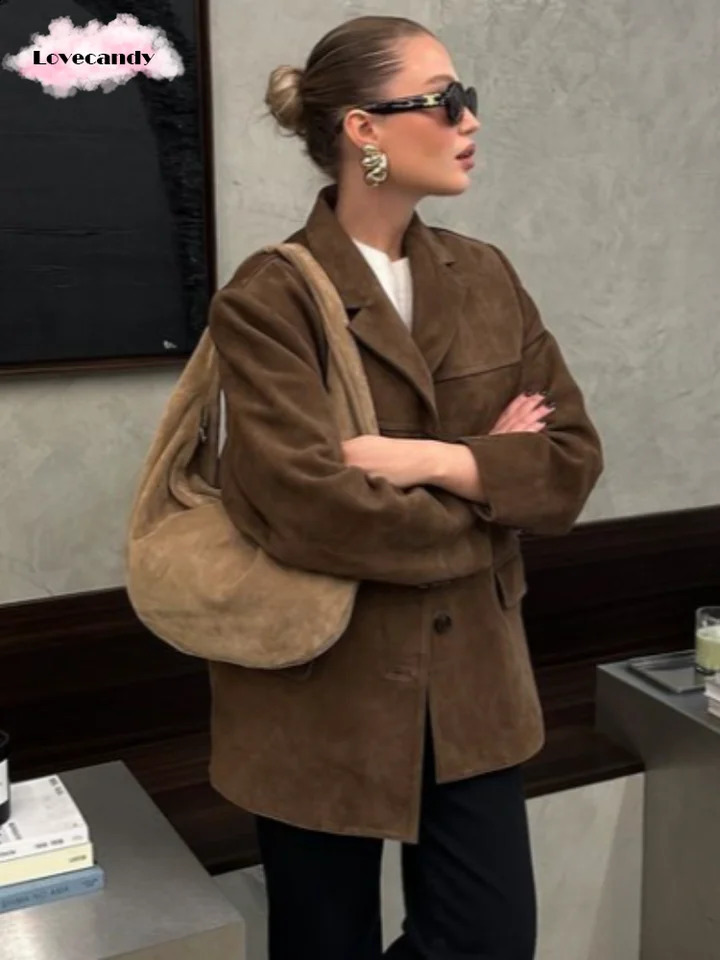 Vintage Brown Suede Leather Blazer Jacket Women Chic Lapel Single Breasted Pocket Crop Coat Fashion Autumn Casual Coats 250114