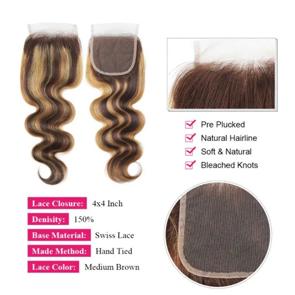 Highlight 4*4 Lace Clos P4/27 Straight Body Wave Deep Wave Jerry Curly 4x4 Transparent Clo Brown Blonde Human hairXJ250120