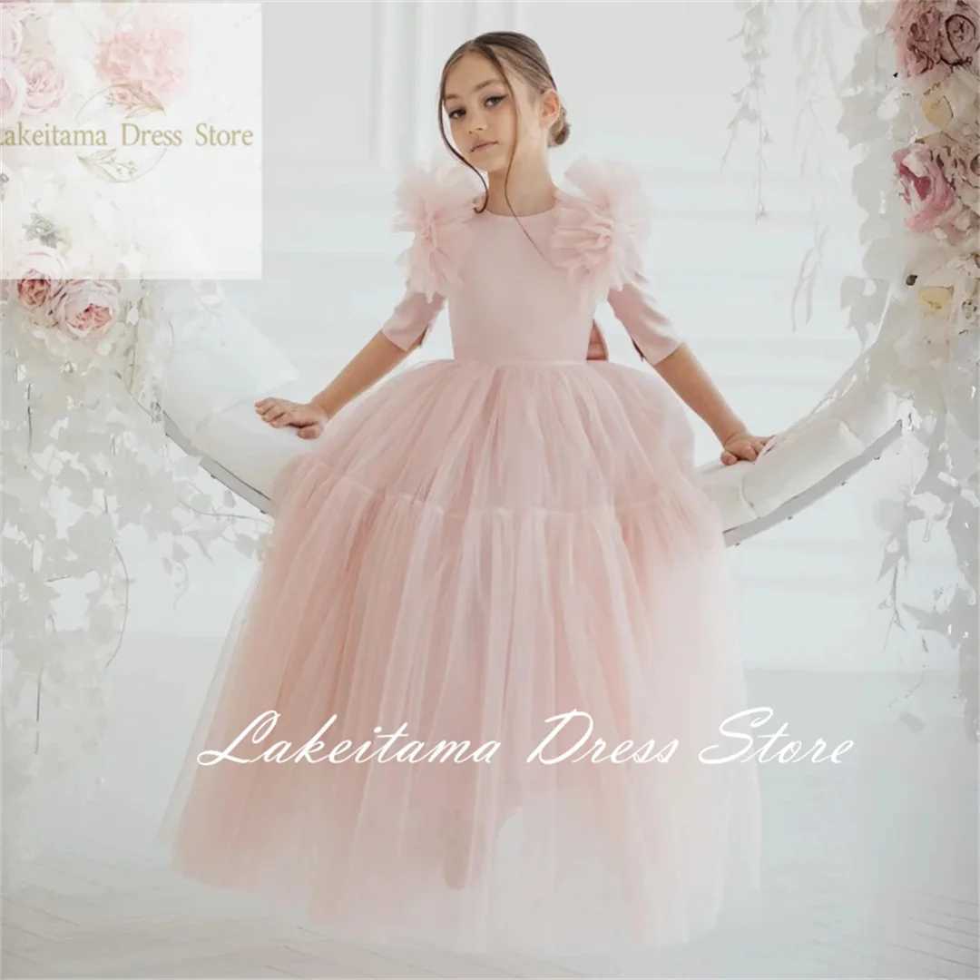 Pink floral girl dress sheer with bow and half sleeves used for weddings birthdays parties banquets princess dresses X250203