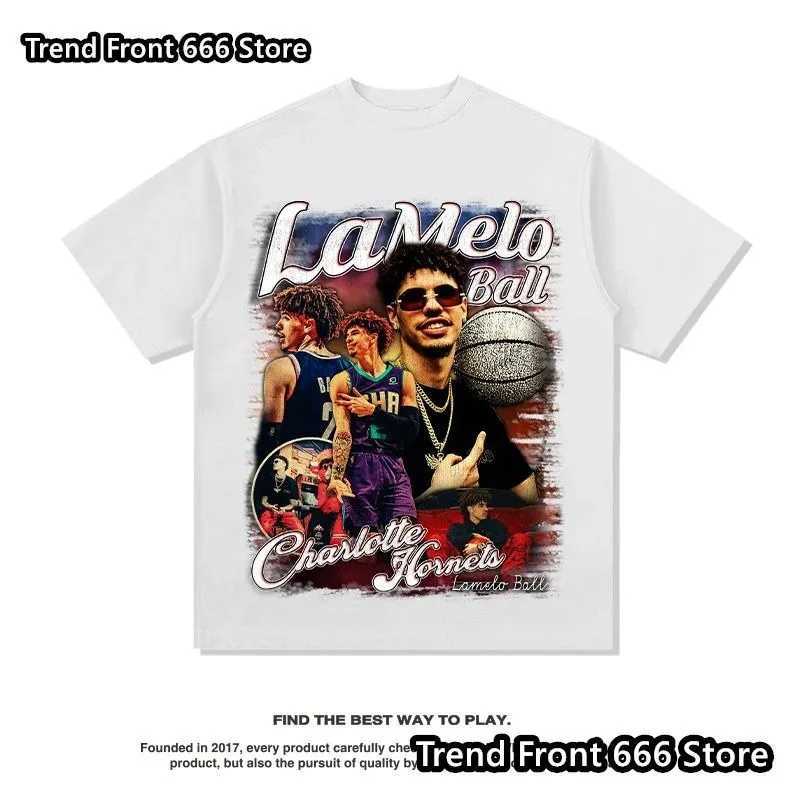 New Arrivals Summer Mens LaMelo Three ball Bauer Print Cotton T shirts Trend Vintage Tees Mens Short Sleeve Streetwear Tops X250203