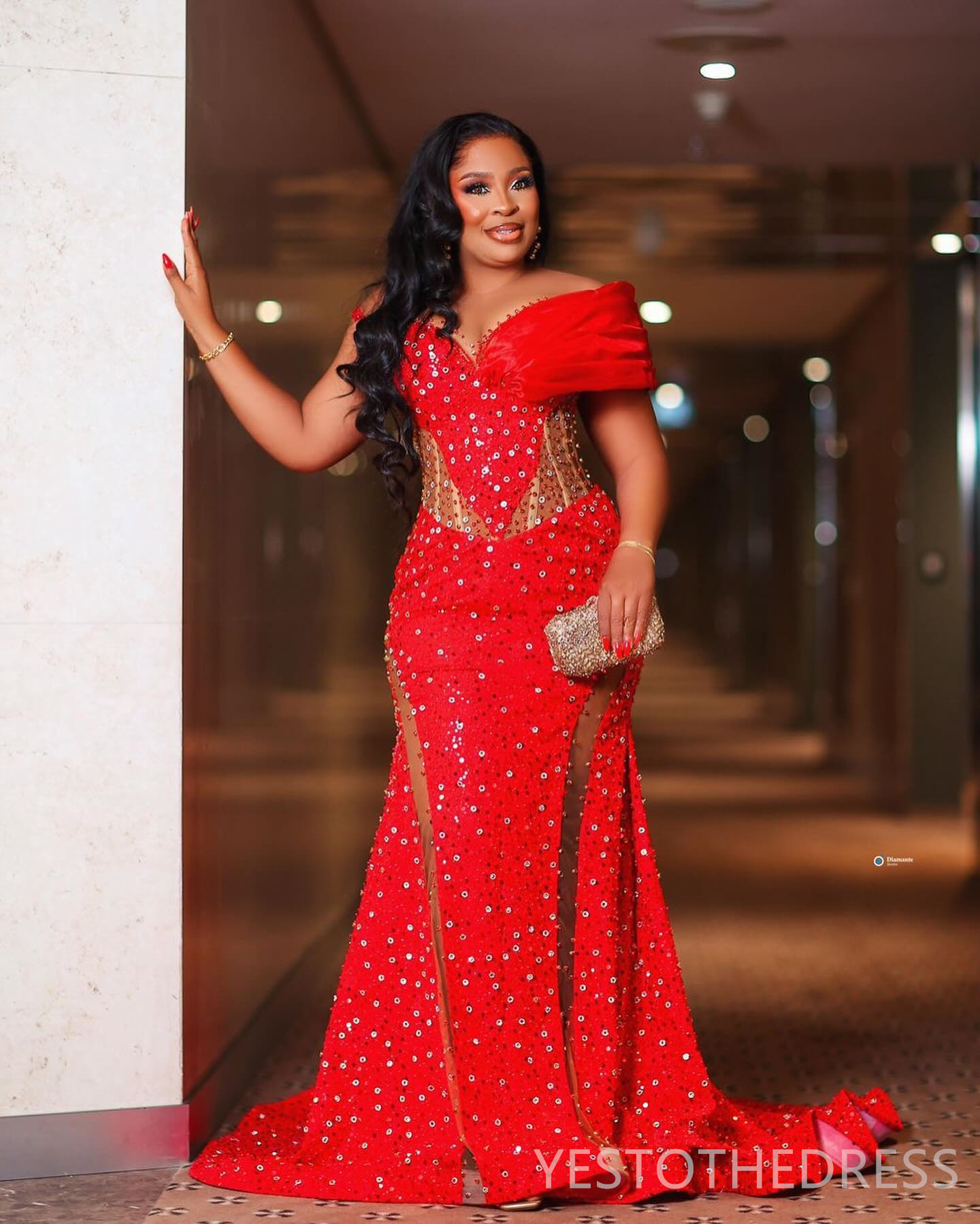 2025 Plus Size Aso Ebi Red Prom Dresses Mermaid Evening Gowns For Black Women Illusion Sheer Neck Beaded Lace Birthday Dress Second Reception Gown AM2