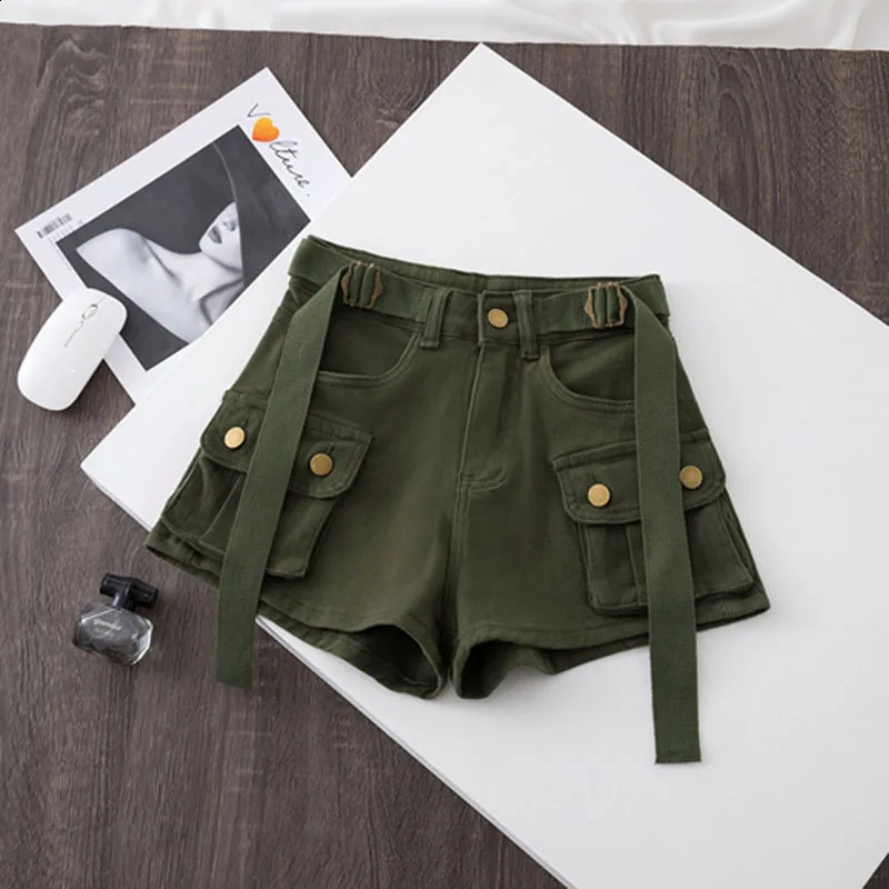 Retro Army Green Work Clothes Cowboy Shorts Summer Cool Girl Fashion Belt Pocket High Waist Dance Short Skirt 250118