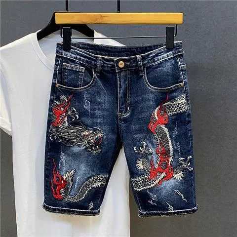 Mens Jeans 2023 Summer New Denim Shorts Fashion Dragon Embroidered Chinese Pants Slim Fit Cropped Pants Korean Japanese X2502031