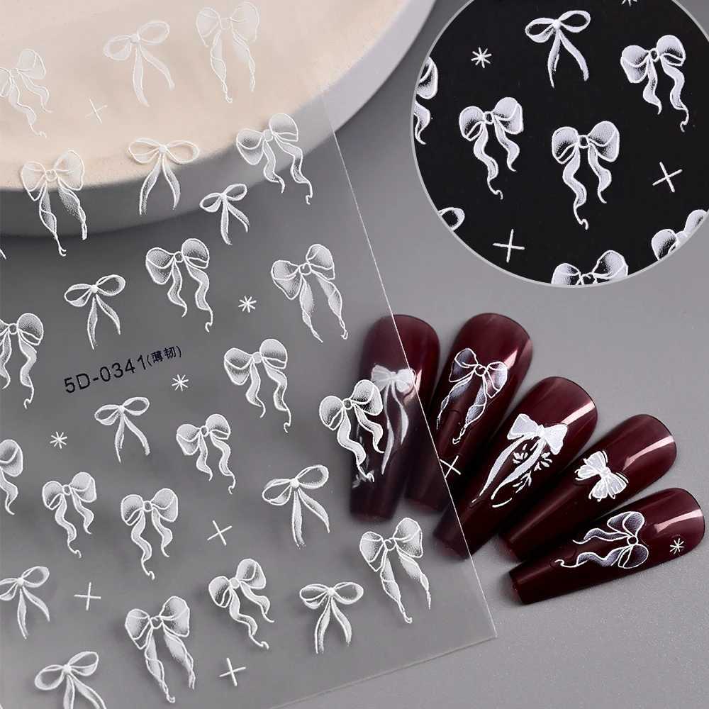 1PC 5D Embossed White Lace Bow Nail Art Stickers Cute Pink White Ribbon Bow Tie Nail Sliders Kawaii Bow Manicure Accessories TY9XJ250120