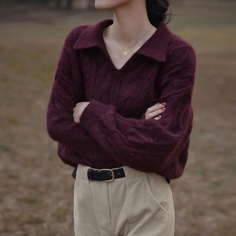 Vintage Polo Collar Knitting Pullovers Women Spring Autumn Simplicity Office Lady Sweater Loose Allmatch Casual Knitwear Tops 250114