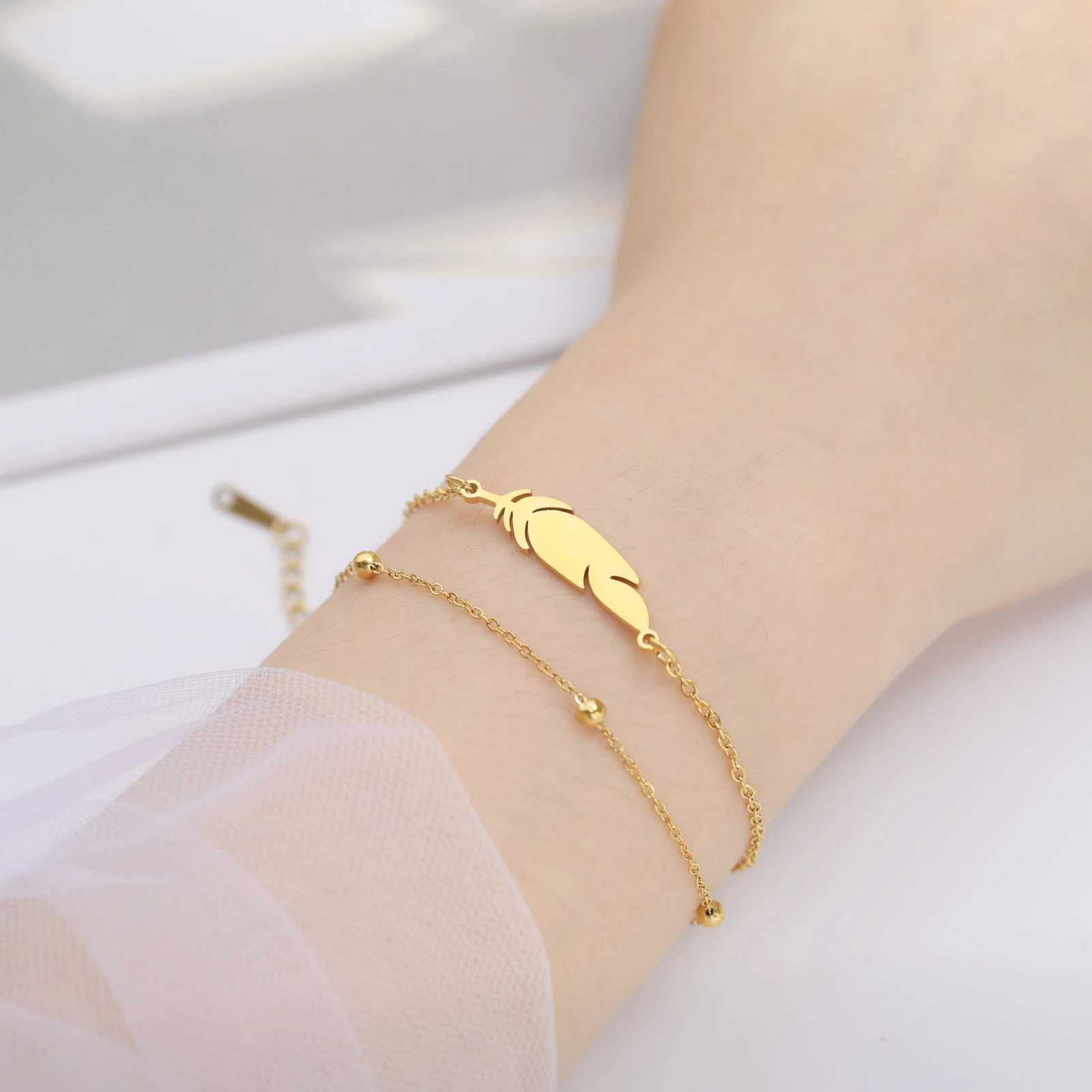 Skyrim Feather Anklet Women Stainl Steel Double Layer Beads Chain Ankle Bracelet Tren Summer Foot Accory New InXJ250121