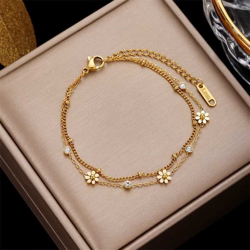 316L Stainless Steel New Fashion Fine Jewelry 2 Layer Embed Zircon Daisy Flowers Charm Chain Bracelets Bangles For Women W250121