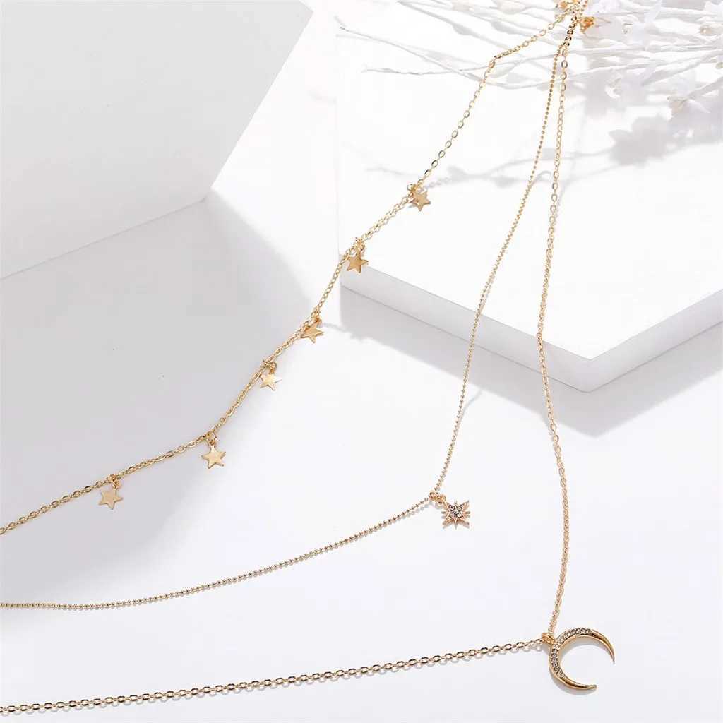 Necklace For Women Fashion Elegant Star Moon Three-layer Necklace Vintage Clavicle Chain Ladies Party Jewelry Necklace 2022XJ250121