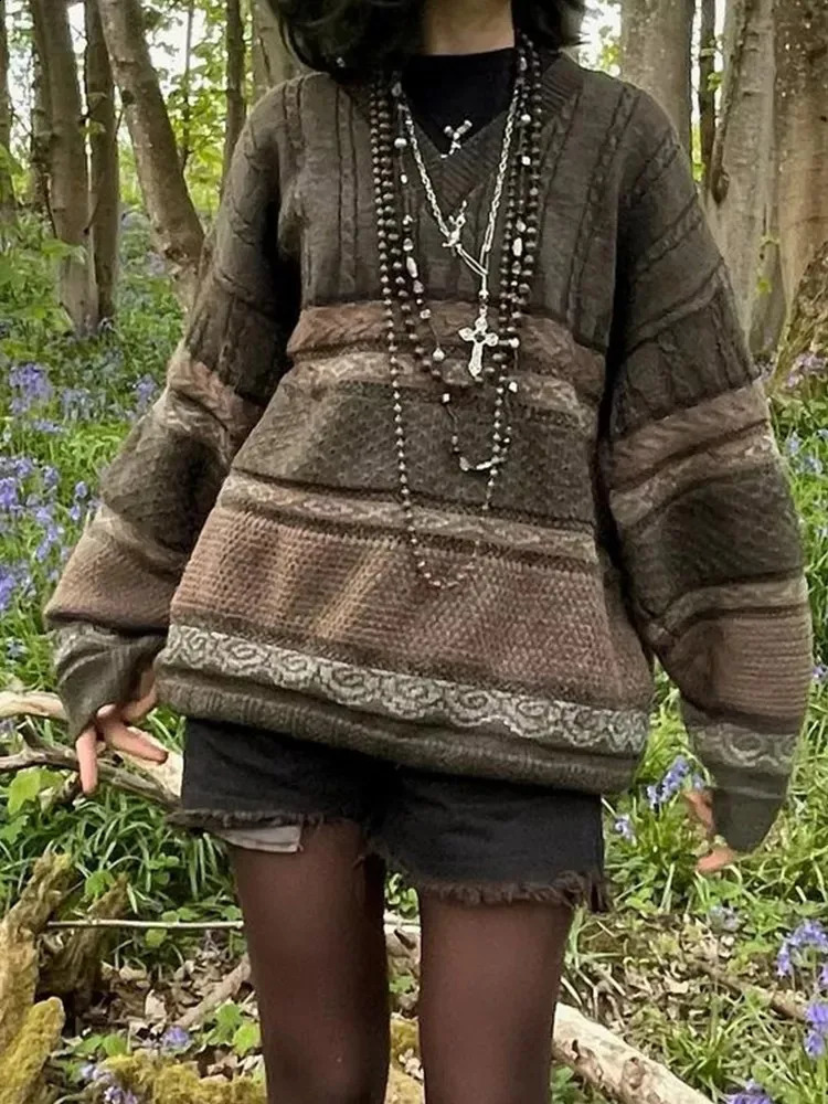 Academics Vintage Fairy Core Grunge Knit Sweaters Loose Graphic Striped Print Y2K Pullers Casual 2000S Autumn Women Knitwear 250114