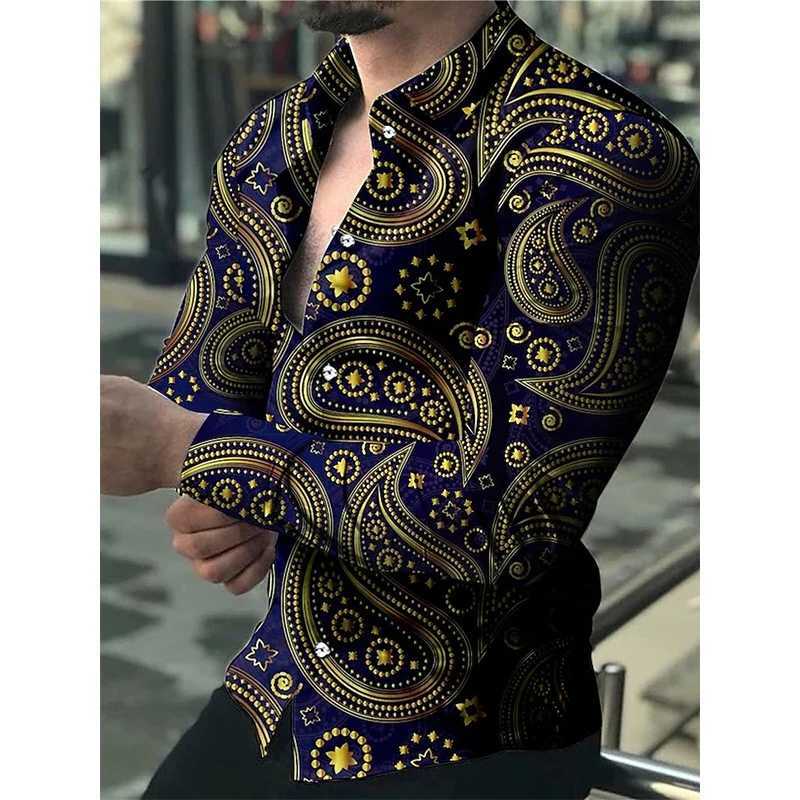 Fashion Luxury Social Men Long Sleeve Shirts Turn-down Collar Buttoned Shirt 2023 Mens Party Clothing Casual Flower Print TopsXJ250121