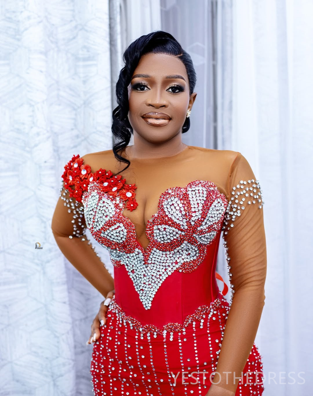 2025 Plus Size Red Aso Ebi Prom Dress Detachable Train Mermaid Evening Gowns Sheer Neck Long Sleeves Beaded Lace Pearls Birthday Dress Second Receptio