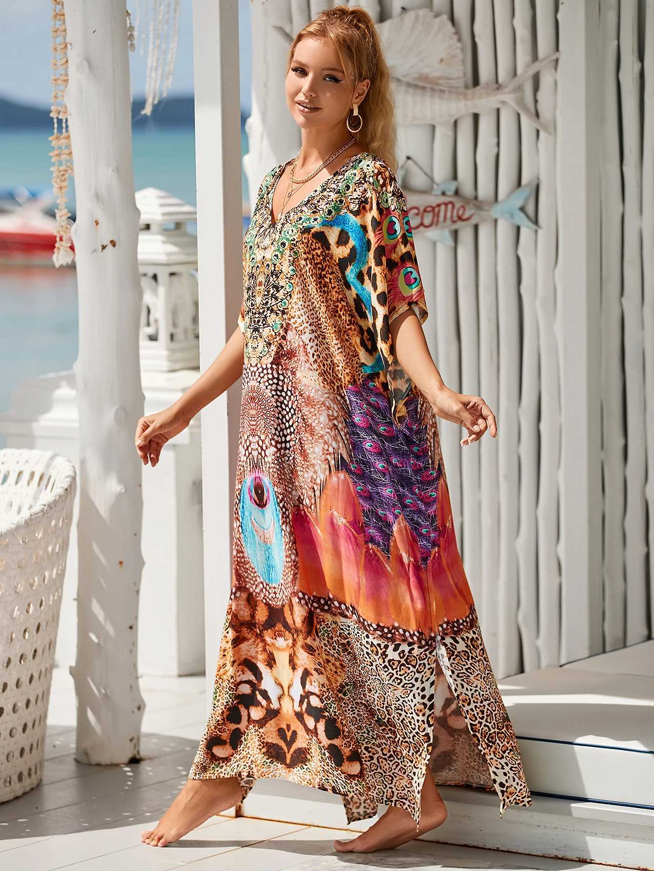 Boho Printed Kaftan Casual Summer Clothing 2024 Women Plus Size V Neck Batwing Sleeve Beachwear Cover Up Maxi Dr Robe Sarong W250120