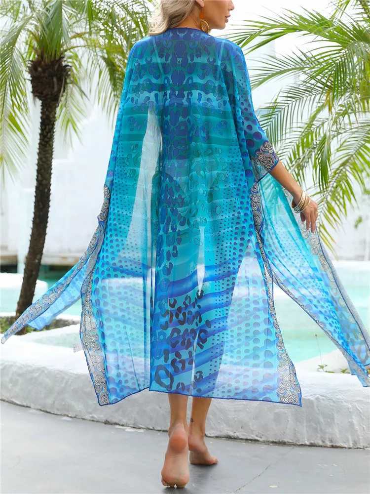 Boho Large Beachwear Long Printed Dress Cardigan Kimono Femme Short Bikini Cover Up Dress Largo Verano Mujer 2025 Dr New W250120
