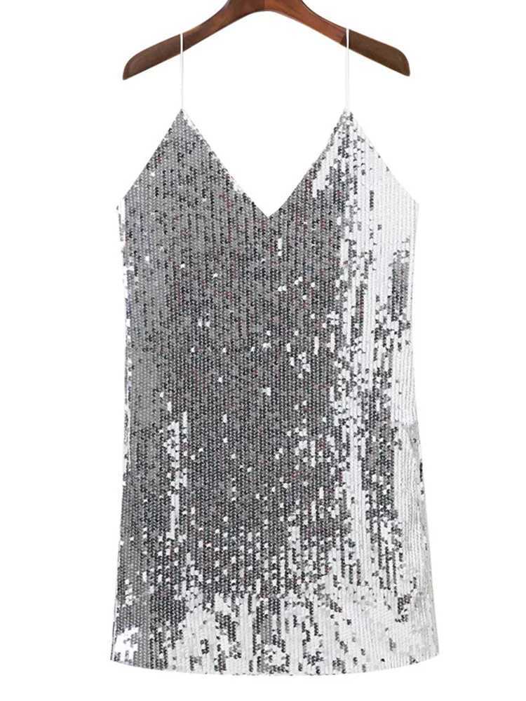 Deep V Neck Silver Sequined Backless Sexy Dress Women Off Shoulder Mini Dress Short Christmas Party Club Strap Dresses VestidosXJ250115