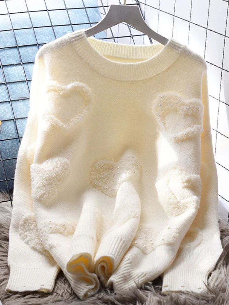 Lazy Style Pullovers Long Sleeve Solid Color Heart Flocking Autumn Winter Sweaters Loose All Match Women Clothing 250117