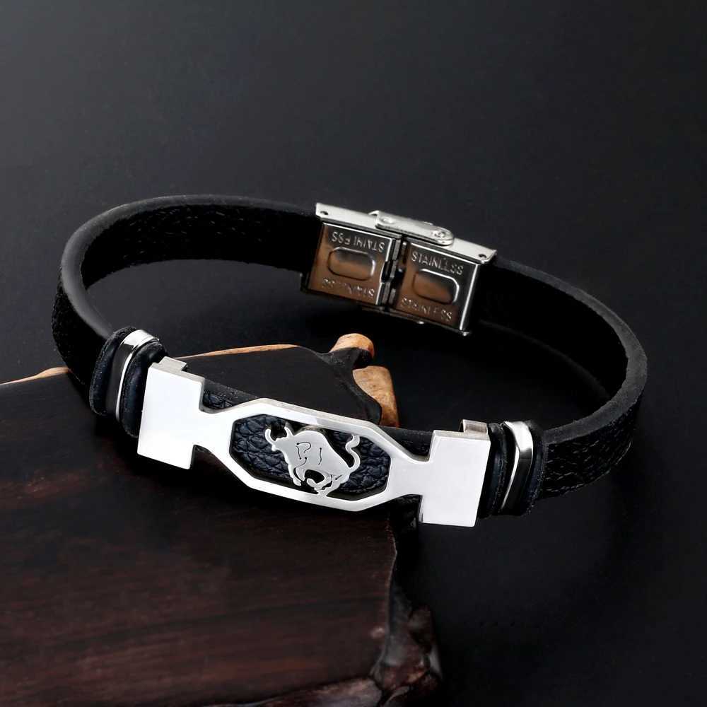 12 Constellation Stainless Steel Cuff Bracelet Men Women Zodiac Sign Black Leather Wrap Bracelet Jewelry Mens Bracelet W250121