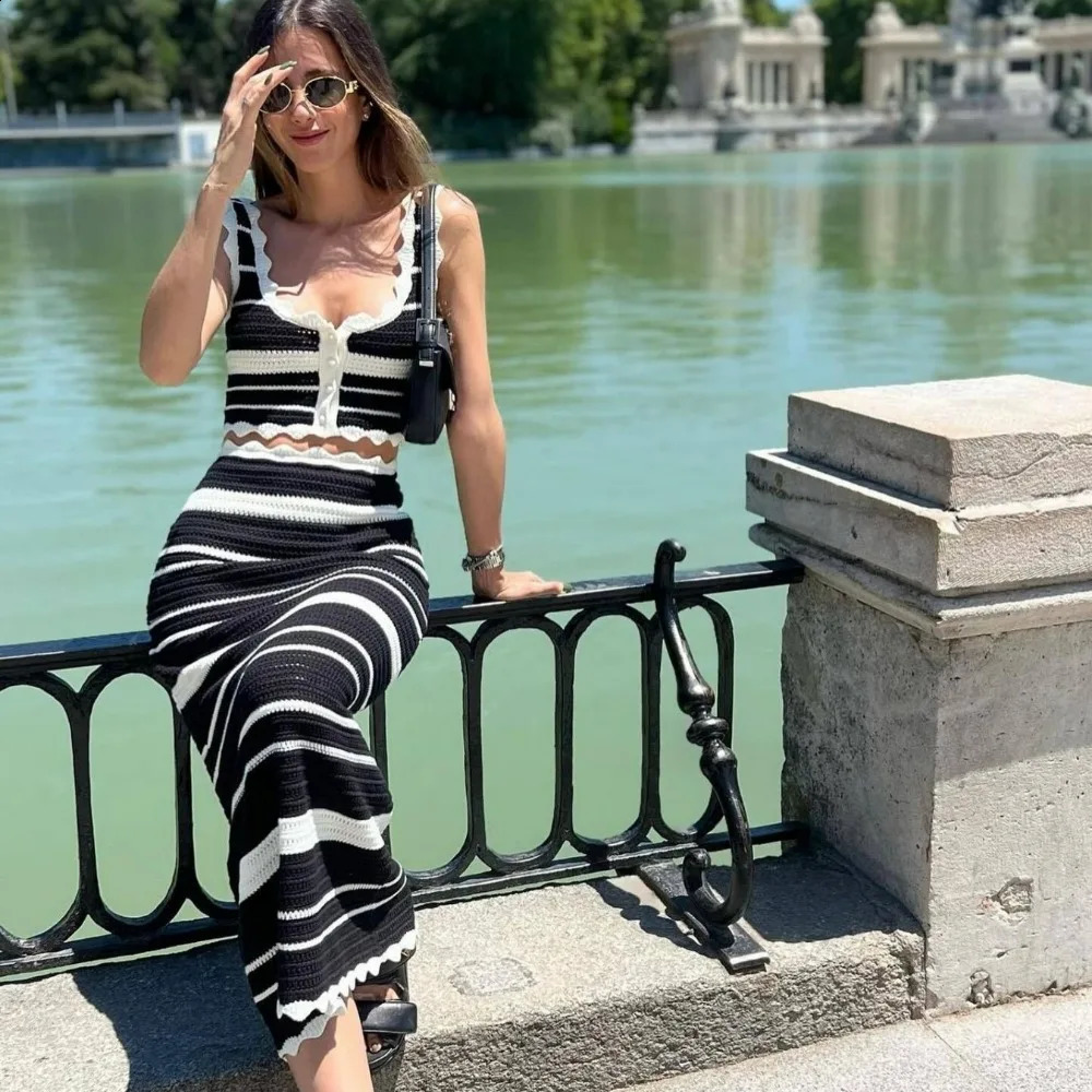 Summer Knitted Beach Skirt Sets Women Sexy Backless Slim Bohemian Outfits Fashion Striped Holiday Two Piece Matching Set 250118
