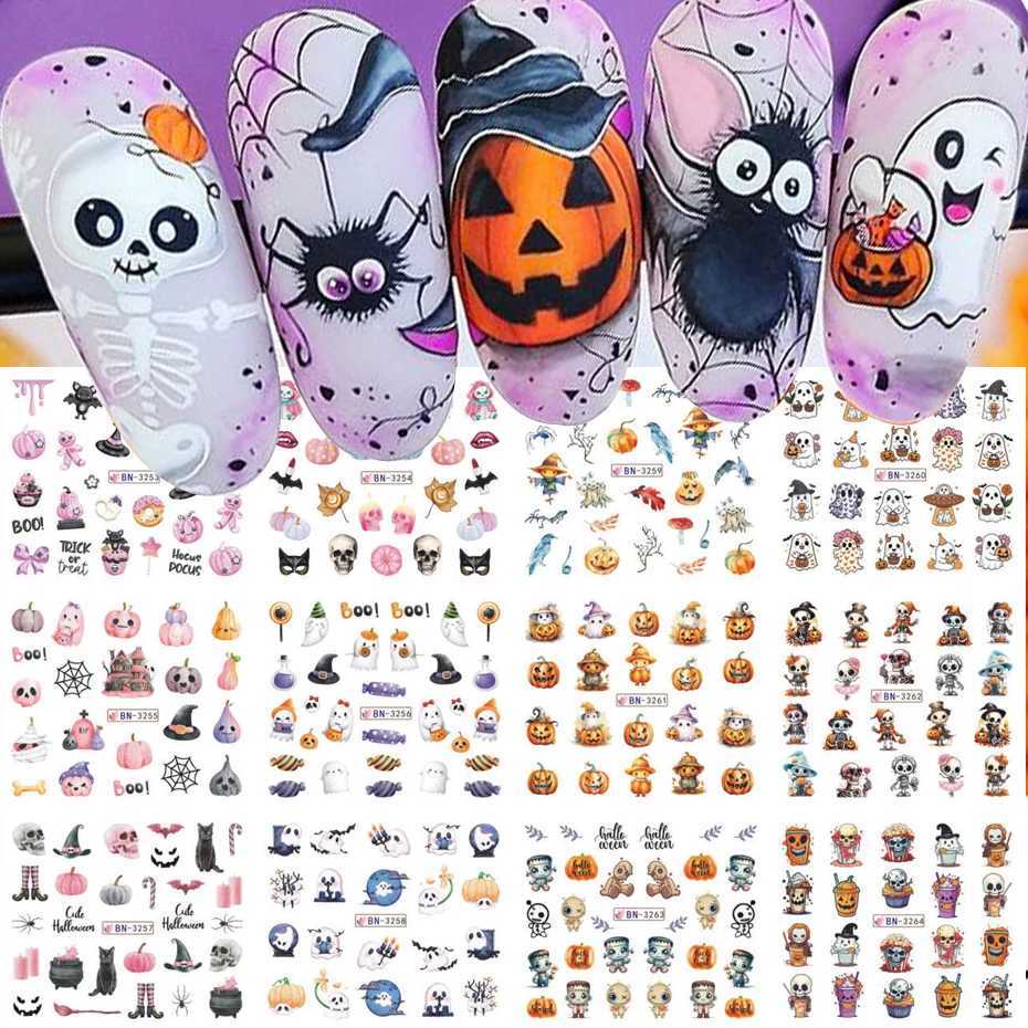 Halloween Pumpkin Ghost Nail Art Stickers Skull Evil Ghost Cat Water Decal Slider Bat Cute Eyes Manicure Tattoo DecorationXJ250120