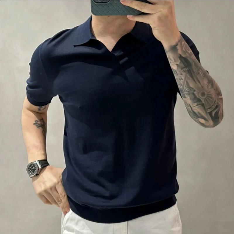 High quality fashionable simple casual summer pure thin polo shirt mens lapel patch work version short sleeved knitted top 250118