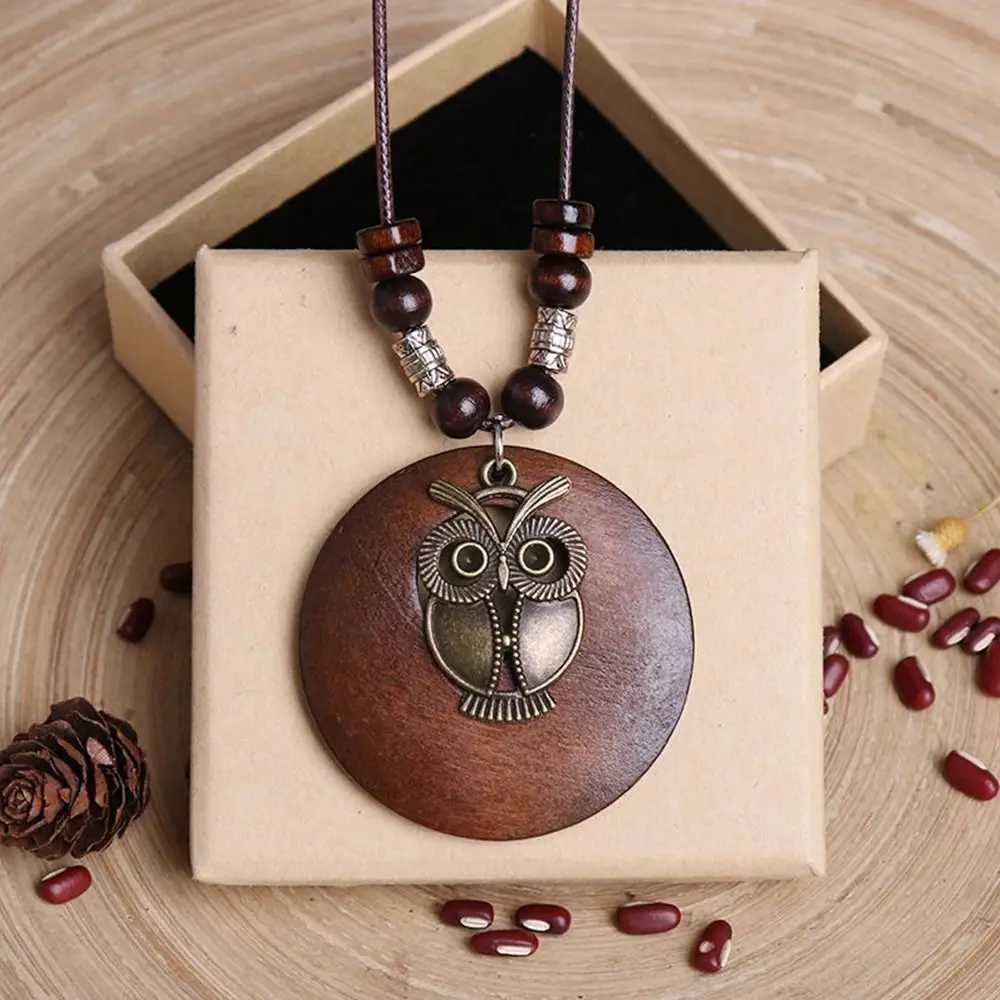 Ethnic Round Wooden Leaf Owl Long Sweater Chain Retro Necklace Women Clock Pendant Female Jewelry Neck Accessories Gifts CollarXJ250121