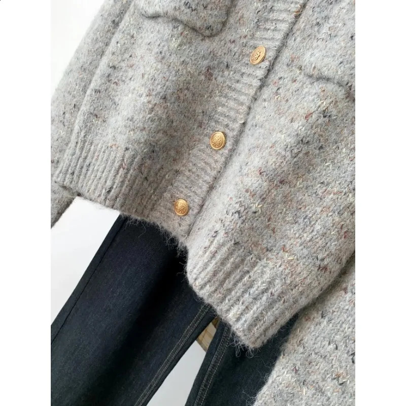 Korea Gold Buttons Gray Women Knit Cardigan Simple O-Neck Long Sleeve Sweater Coat Autumn Winter Office Lady Elegant Knitwear 250118