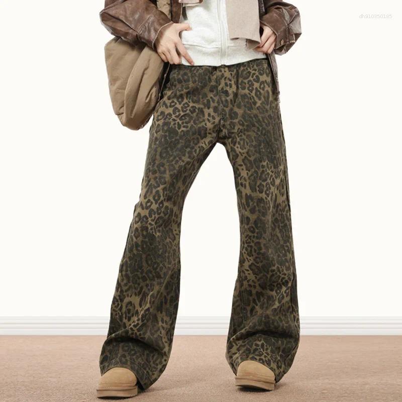Men's Jeans Men Streetwear Vintage Wide Leg Flared Denim Pants Hip Hop Techwear Straight Long Trousers Y2k Animal Leopard Print Baggy