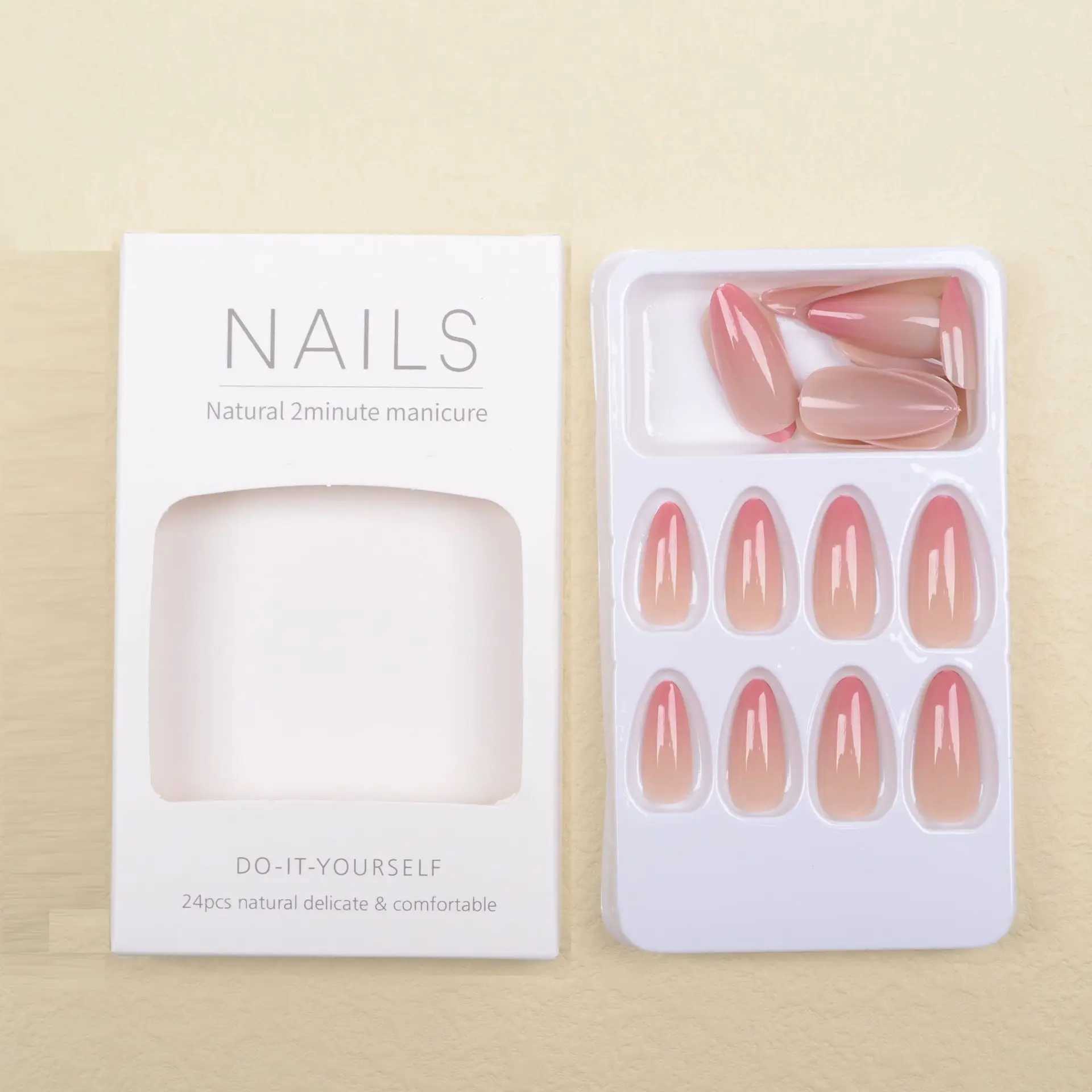 Ins Sweet Gradient Pink Fake Nail Patch Almond Gloss Korean Fake Nail Wearable 24 Piece Artificial Nail Free ShippingW250120