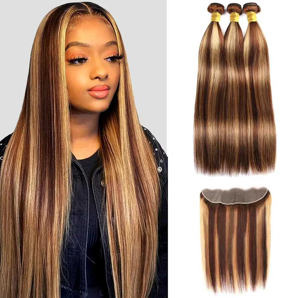 30 Inch P4/27 Straight Bundles With 13X4 Lace Frontal Raw Brazilian Human Hair Weaving 3 Bundle Deals Highlight Bundle ExtensionXJ250120