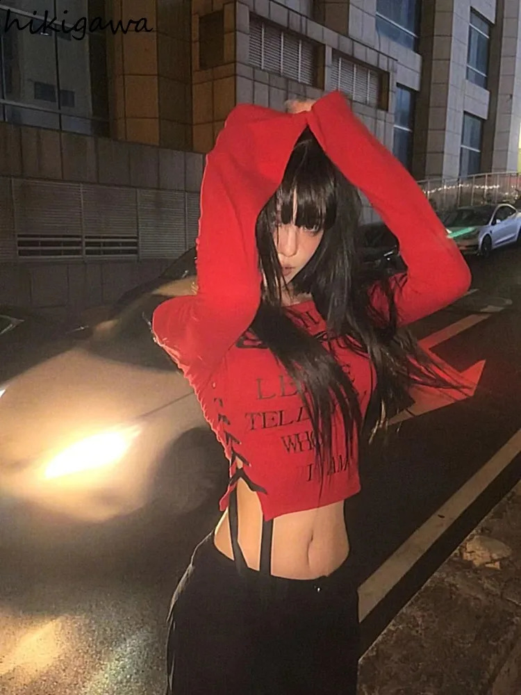 Red Sexy T Shirts Women Clothing Long Sleeve Slash Neck Tees Y2k Tops Letter Crop Tshirt Bandage Tunic T-shirts Ropa Mujer 250122