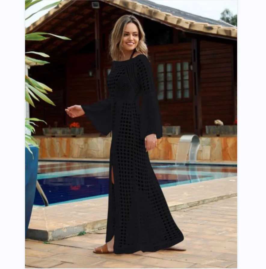 2024 Summer Anti-Sun Beach Dr for Women Biqunis Cover Ups See Through Swim Skirt Latern Sleeve Black Bohemian Bikini Cover W250120
