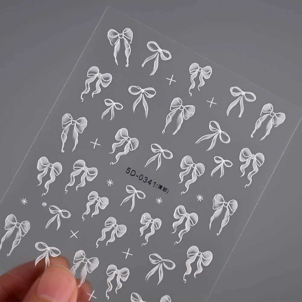 1PC 5D Embossed White Lace Bow Nail Art Stickers Cute Pink White Ribbon Bow Tie Nail Sliders Kawaii Bow Manicure Accessories TY9XJ250120
