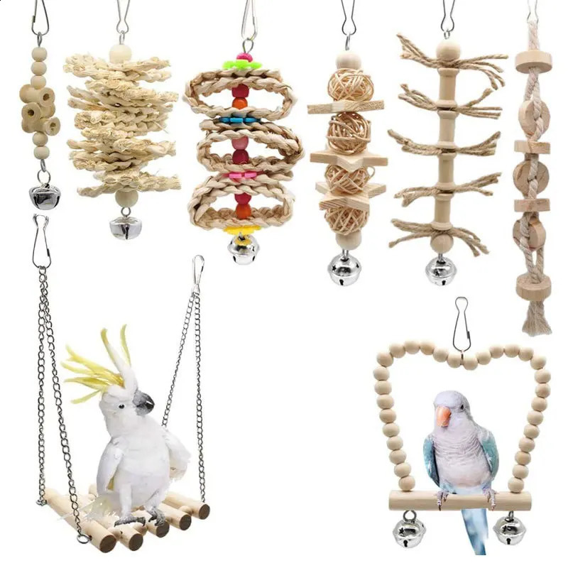 Parrot Toy Combination Set Bird Habitat Swing Wood Color Bird Supplies Biting Bird Toy Set 8 pieces 250121