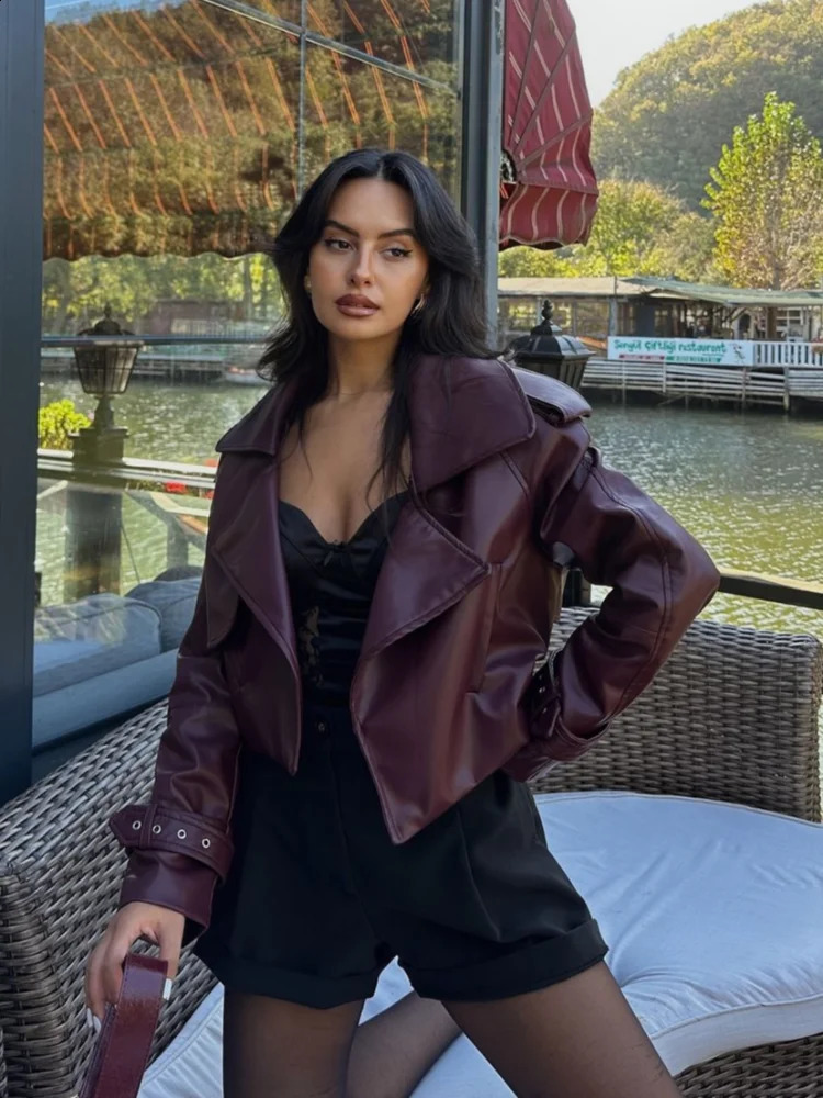 Women Burgundy Short Pu Leather Jacket Fashion Lapel Long Sleeves Cropped Coat 2025 Spring Autumn Chic Lady High Street Outwear 250122