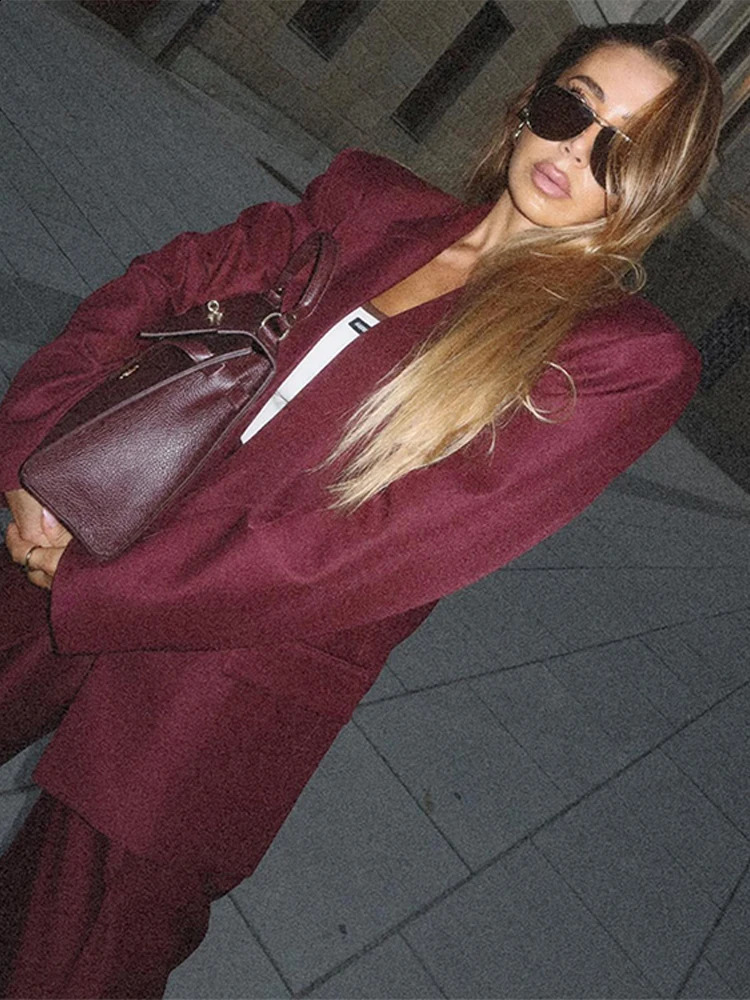 Burgundy Oversize Women Coat Sets Wide Leg High Waist Female Pant Set Vintage Fashion Lapel Long Sleeve Button Lady Outfit 250118