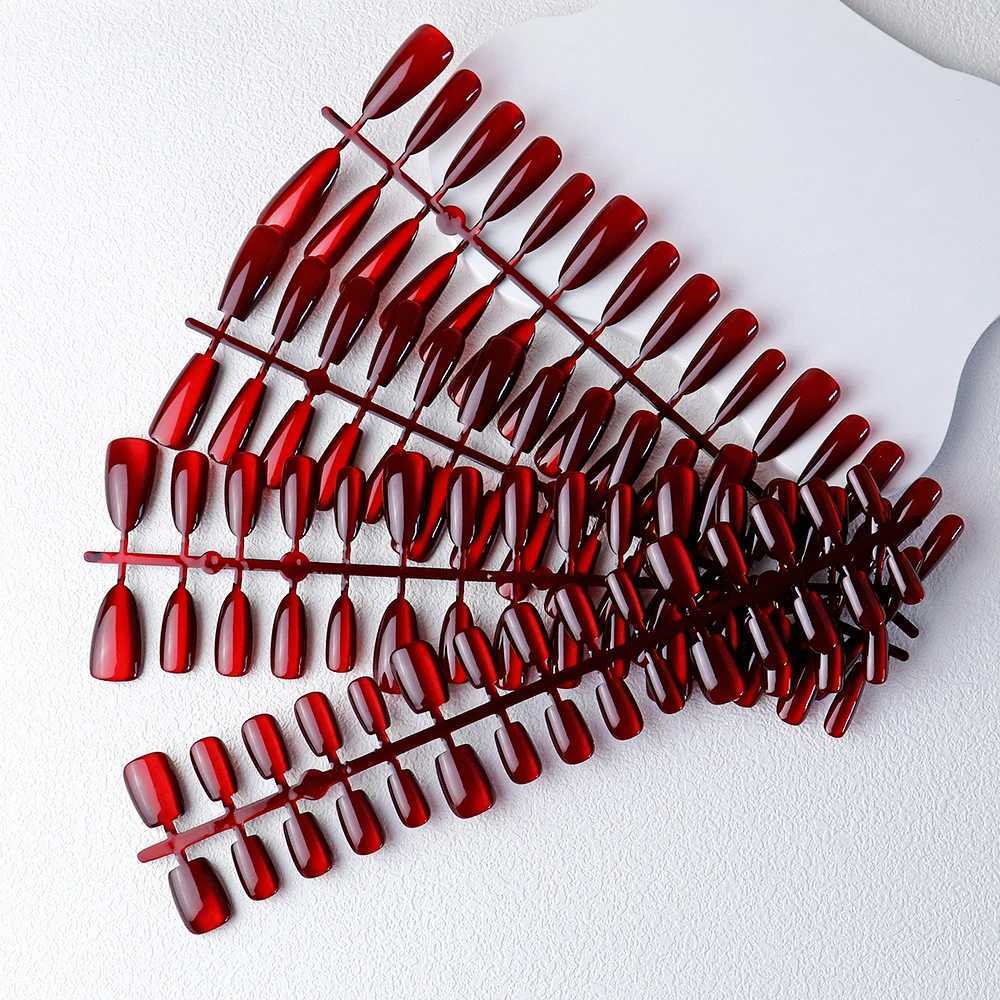 30 pcs Red Magnet Cat Eye Fake Nails Almond In Coffin Glossy False Nails Square Fake Nails Reusable Full Cover Nail TipsW250120