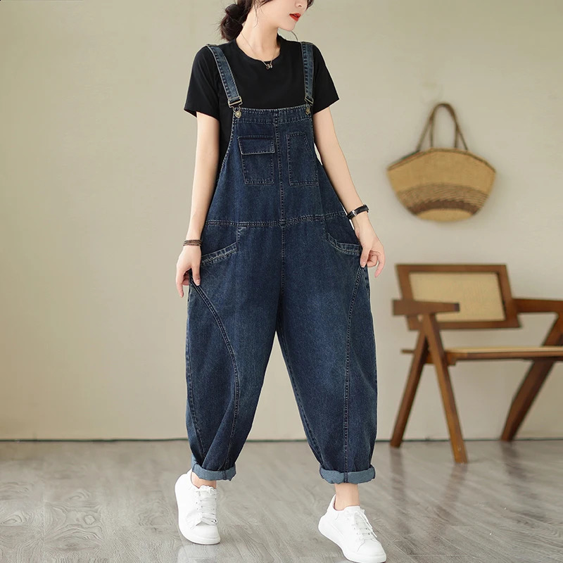 6223 Spring Fall Fashion Womens Multi Pocket Cargo Suspender Female Vintage Patchwork Blue Denim Overalls Casual Loose Jumpsuit 250122