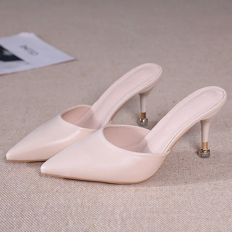 Fashion Thin Heel Outside Slippers for Women Summer High Heel Ladies Shoes Baotou Rubber Pu Womens Slippers 250113