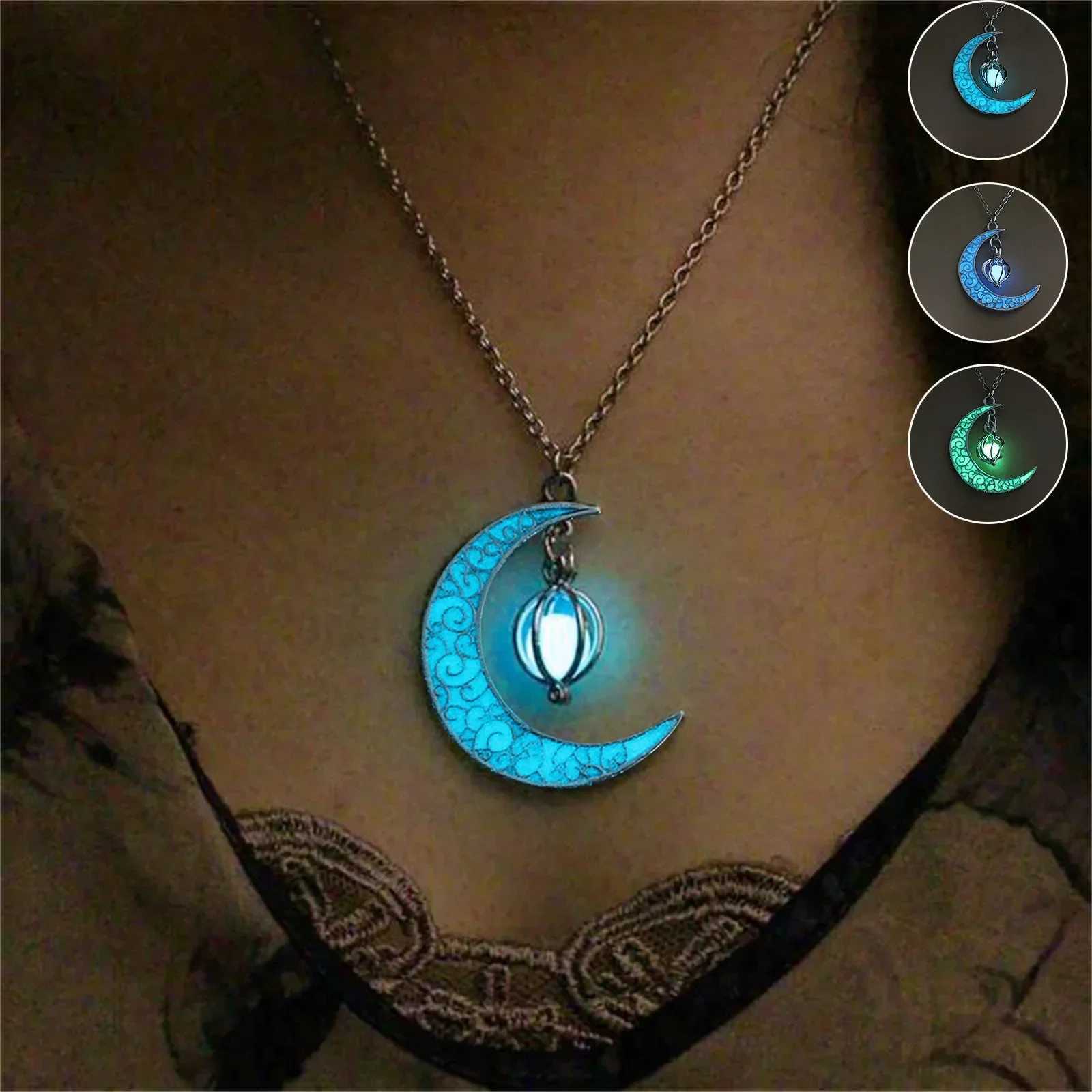 Womens Teen Girls Luminous Moon Necklace Moon Pendants Chain Choker Glow in The Dark Necklace Jewellery Gifts XJ250121