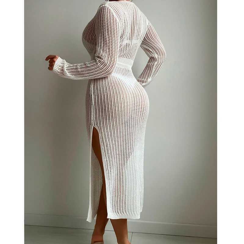 Long Sleeve Deep V Knit Dr Sarong Boho Beach Cover up Summer Crochet Bikini Cover-ups Side Slit Swimwear Women Swimsuit W250120
