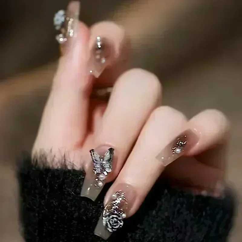 24Pcs ballet dancer rectangular nail tip fake nail wearable fake nail butterfly camellia nail design pressW250120