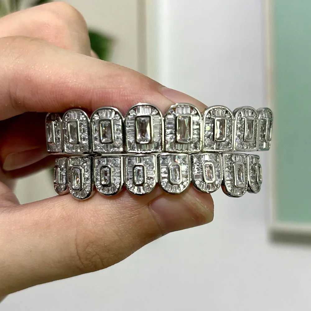 RACHELZ 8/8 Sugar Cubic Zircon Teeth Grillz Hip Hop Silver Color Iced Out CZ Stone Tooth Caps For Women Men JewelryXJ250114