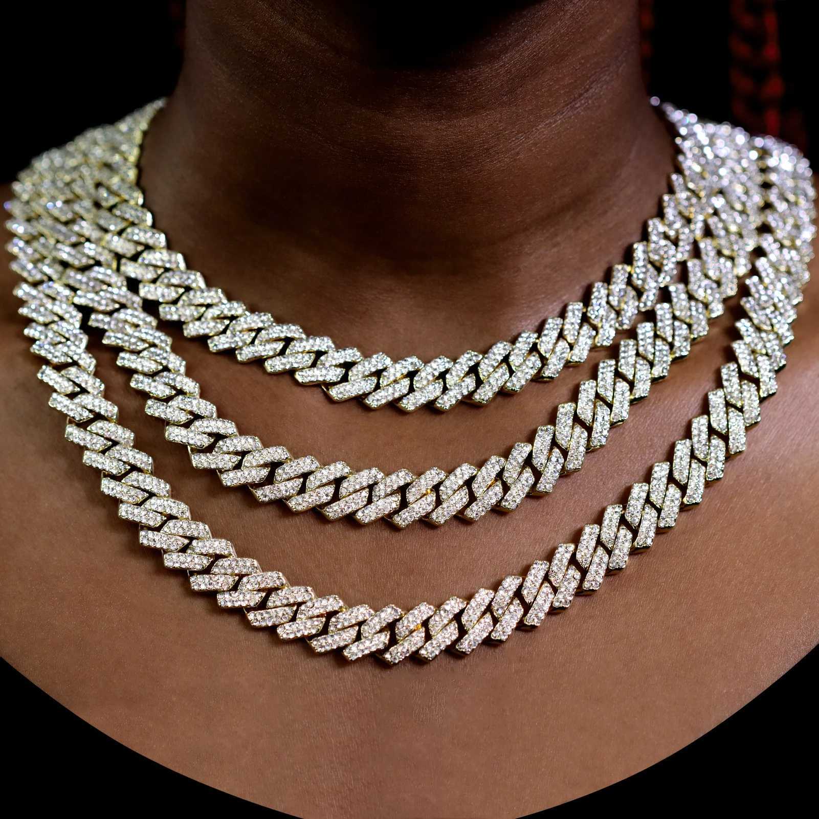 16/18/20/22/24inch Gold Color Cuban Link Chain for Women Men 2 Row Rhinestone Rhombus Prong Cuban Necklaces Hip Hop JewelryXJ250121